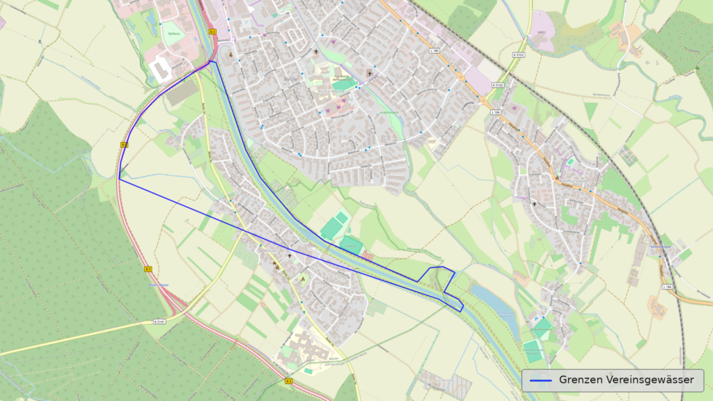 Karte der Vereinsgewässer des ASV Wasser e.V. mit blau markierten Gewässergrenzen an der Elz bei Emmendingen-Wasser.