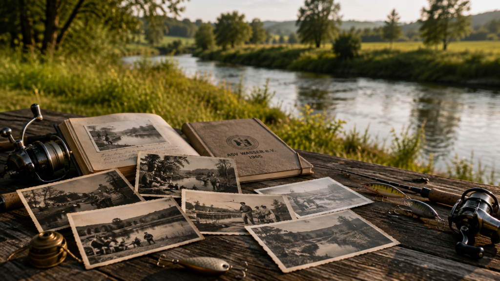 Historische Schwarz-Weiß-Fotografien und Angelutensilien auf einem Holztisch an der Elz – Erinnerungen und Geschichten des ASV Wasser e.V.