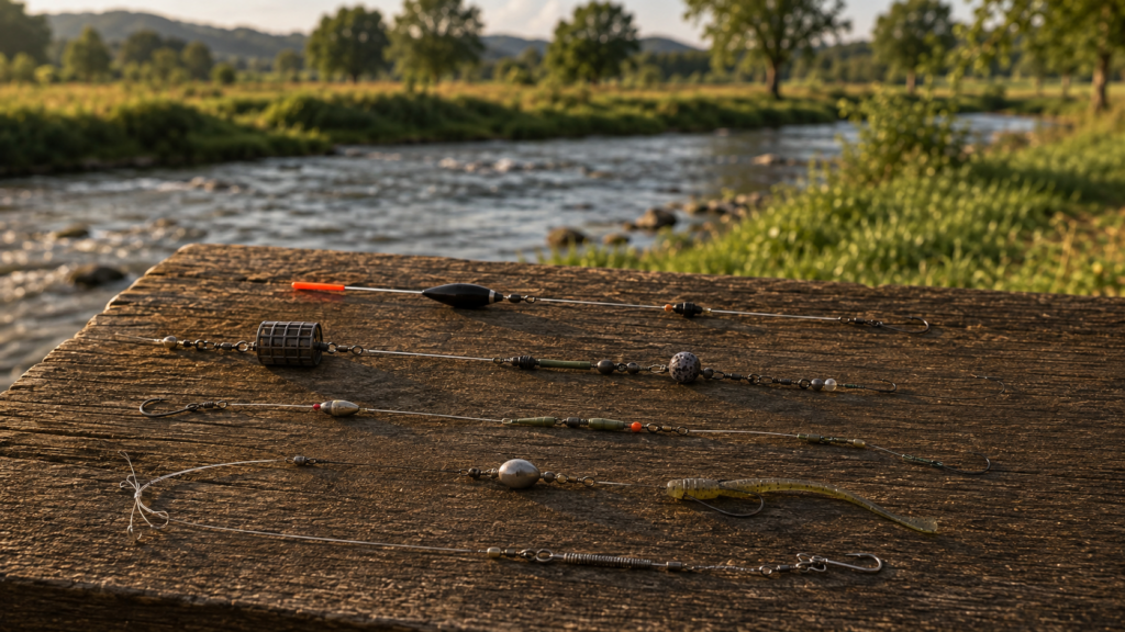 Verschiedene Angelmontagen mit Haken, Vorfach, Wirbeln, Gewichten und Ködern auf einem Holztisch am Wasser.