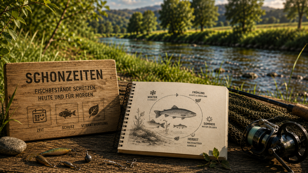 Informationsmotiv zu Schonzeiten und Fischschutz am Fluss mit Angelgerät und naturnaher Gewässerlandschaft in Baden-Württemberg.