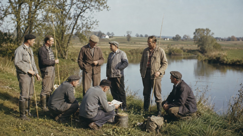 Symbolisches Motiv zur Gründung des ASV Wasser im Jahr 1965: acht Angler an einem ruhigen Gewässer in der Region Emmendingen.